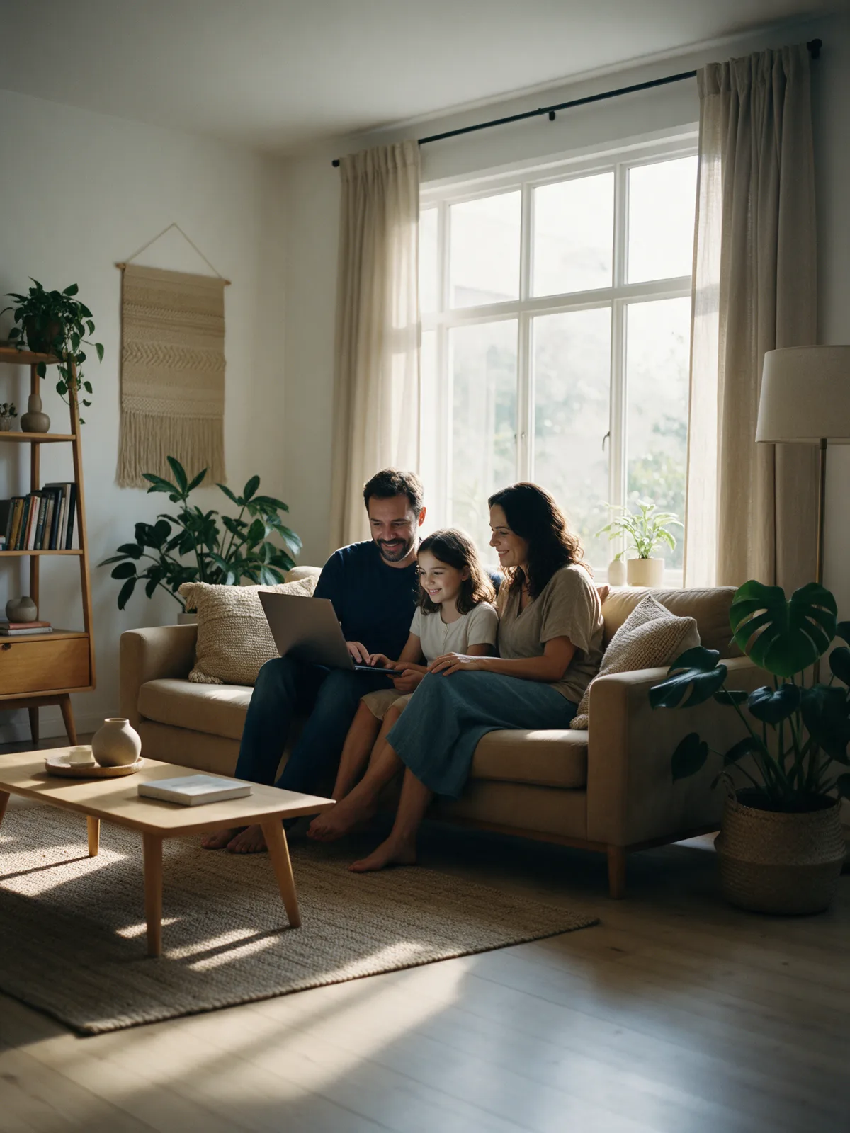 Família no sofá da sala, lendo um relatório no notebook juntos