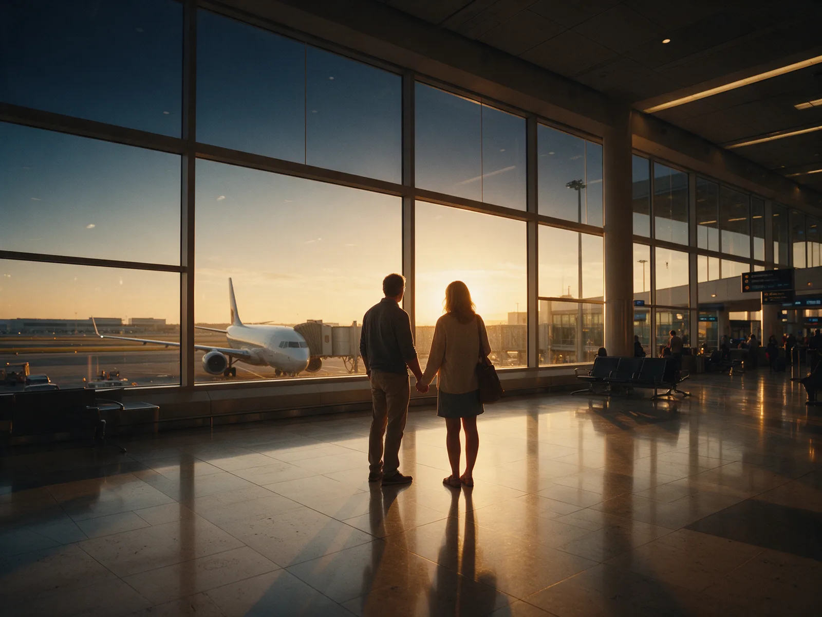 Casal visto de costas na janela de um aeroporto ao amanhecer, com um avião na pista