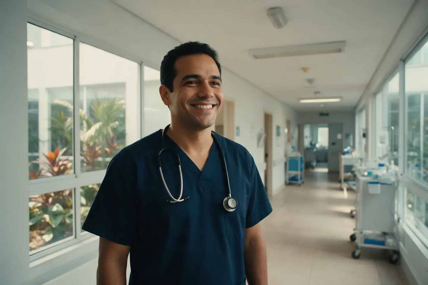 Retrato editorial de enfermeiro em corredor de hospital