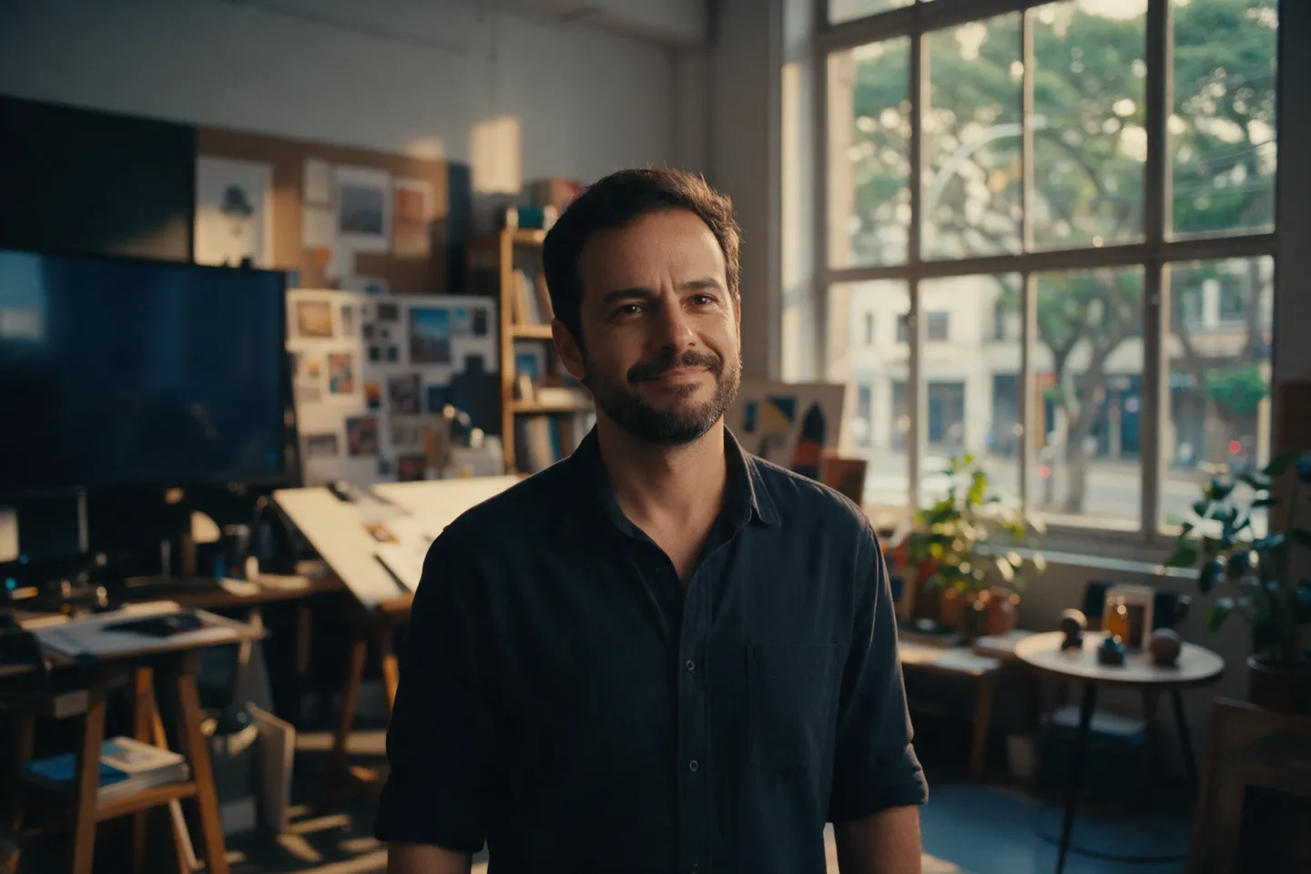 Retrato editorial de um diretor de arte em estúdio criativo