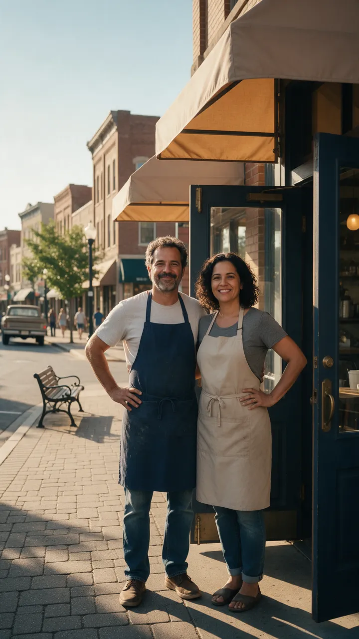 Casal na porta do próprio café nos Estados Unidos