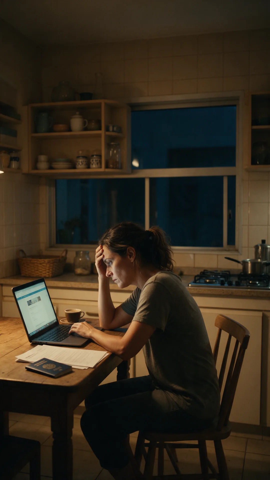 Pessoa pensativa à mesa da cozinha, à noite, diante do notebook e de papéis sobre vistos